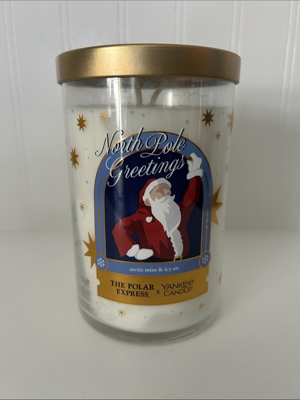 Yankee Candle White Candle with Gold Lid & Red Santa Holiday Jar